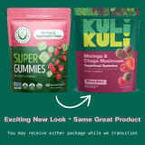 Two packages of Kuli Kuli Super Gummies on a green background with text indicating a new packaging design.