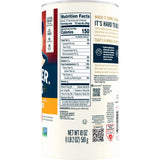 Back view of a cereal box with nutritional information and branding on a white background