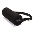 Black car back support pillow with a strap on a white background