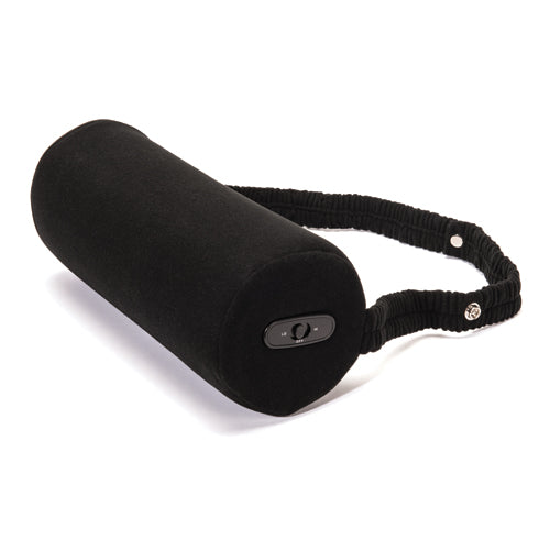 Black car back support pillow with a strap on a white background