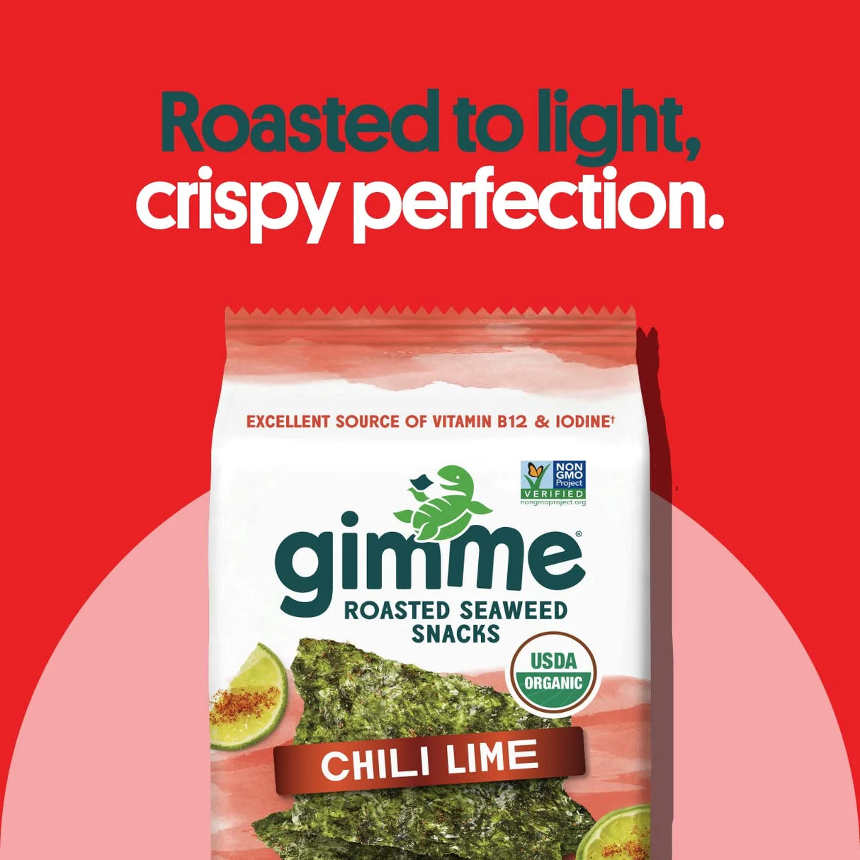 Gimme Roasted Seaweed Snacks Chili Lime flavor package on a red background with text about crispiness.