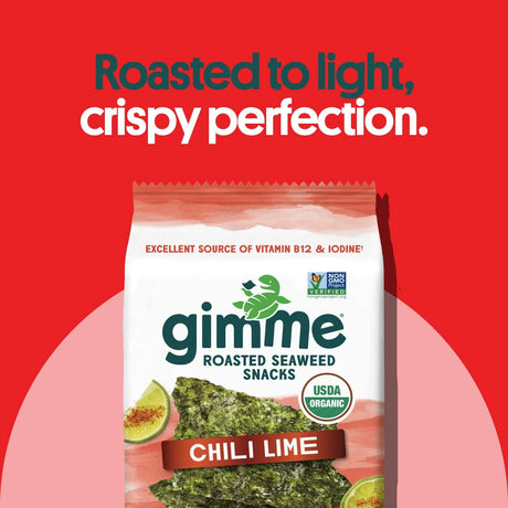 Gimme Roasted Seaweed Snacks Chili Lime flavor package on a red background with text about crispiness.