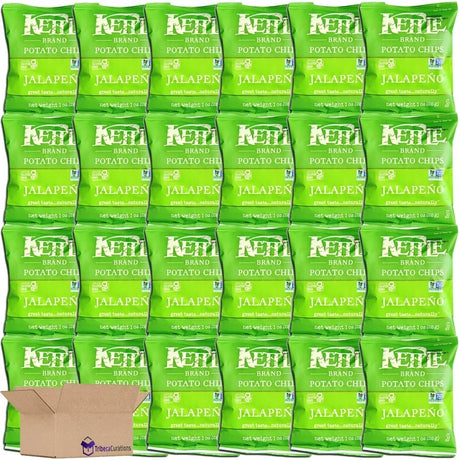24 bags of Kettle Brand Jalapeno potato chips with a cardboard box.