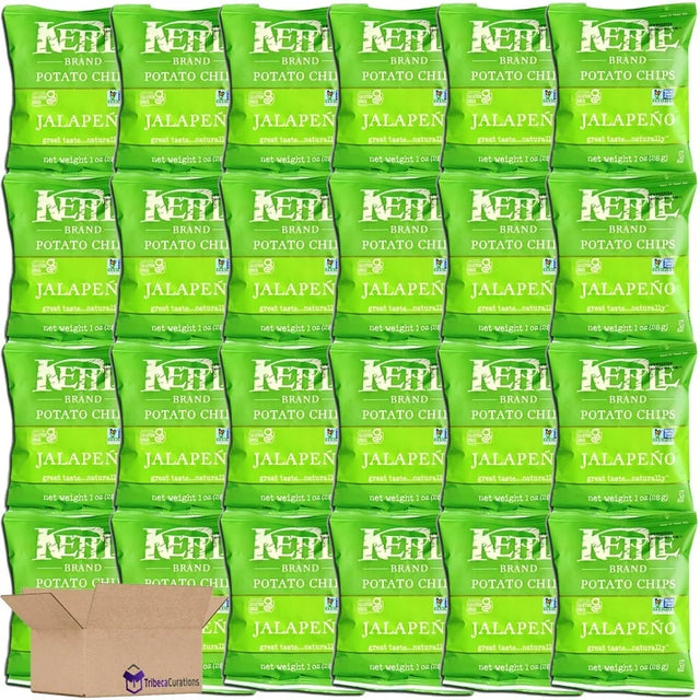 24 bags of Kettle Brand Jalapeno potato chips with a cardboard box.