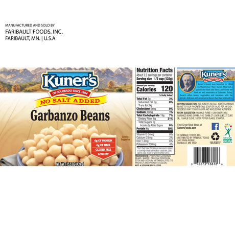 Kuner No Salt Added Garbanzo Beans, 15 Oz., Case of 12