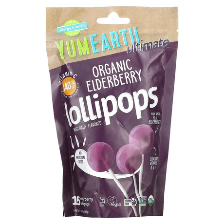 Yumearth - Organic Elderberry Lollipops, 3.3 oz (Pack of 6) - Gluten-Free Treat