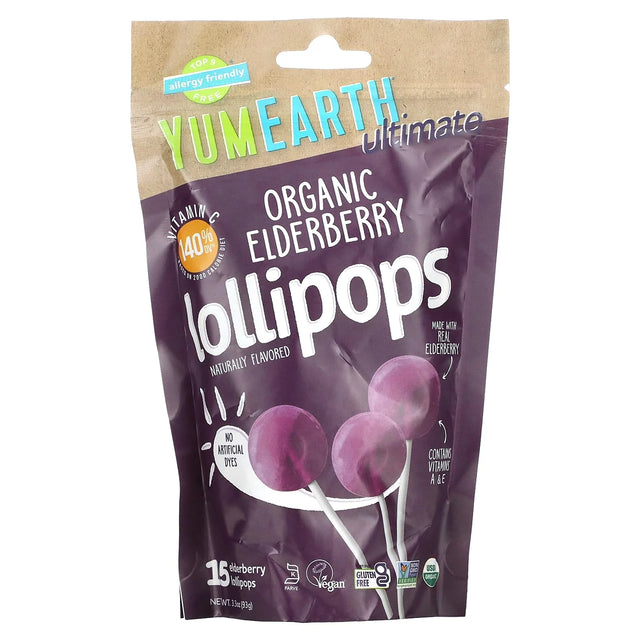 Yumearth - Organic Elderberry Lollipops, 3.3 oz (Pack of 6) - Gluten-Free Treat