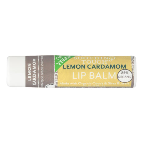 Lip balm stick with lemon cardamom flavor on a white background