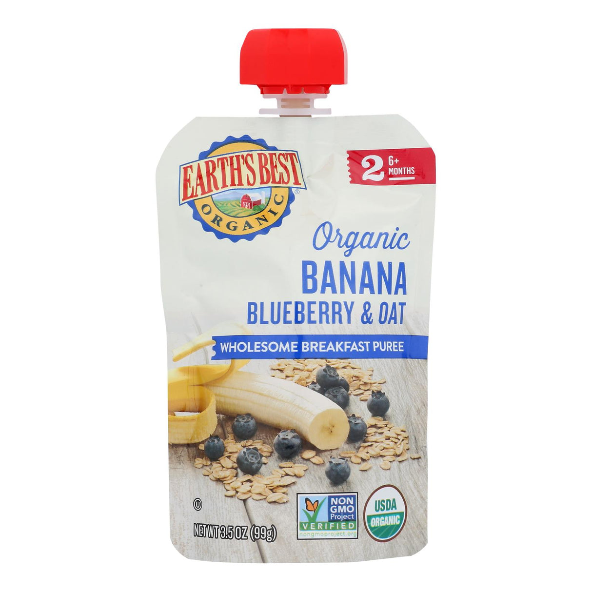 Earth's Best Organic Banana Blueberry & Oat baby food pouch on a white background
