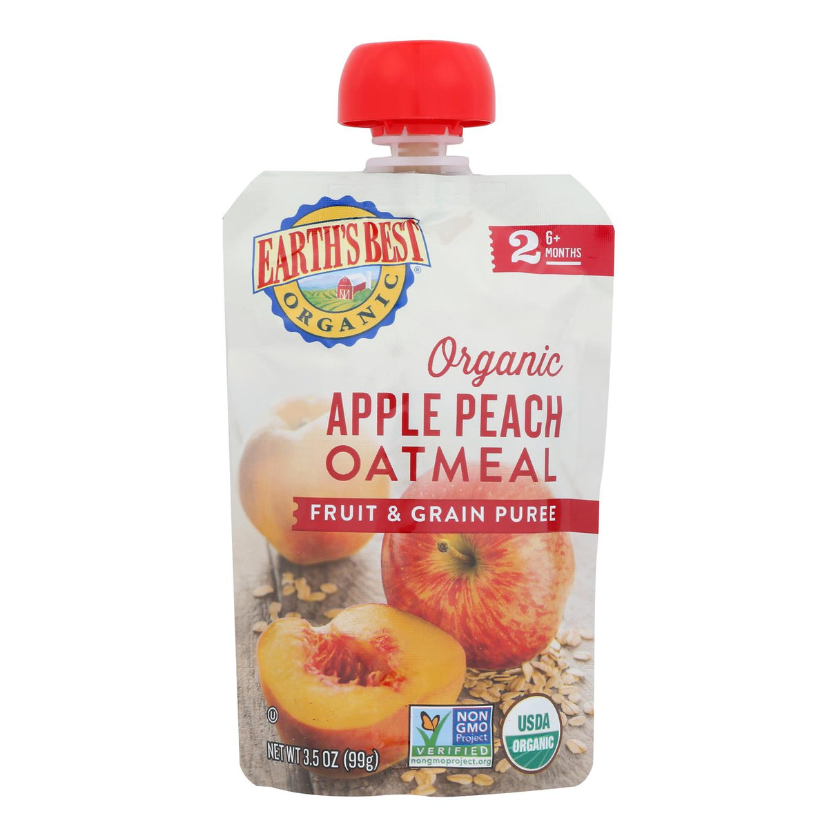 Earth's Best Organic Apple Peach Oatmeal fruit and grain puree packaging on a white background