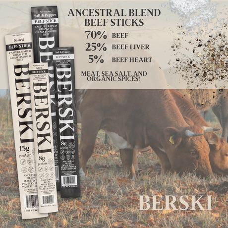 BERSKI Salt & Pepper Ancestral Beef Sticks - 8 Pack of 1.9oz Sticks