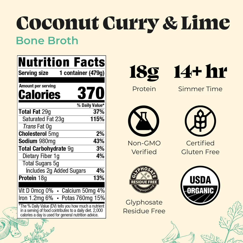 Nutrition label for Coconut Curry & Lime Bone Broth with icons and text on a white background.