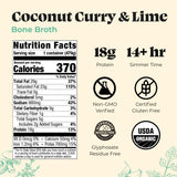 Nutrition label for Coconut Curry & Lime Bone Broth with icons and text on a white background.