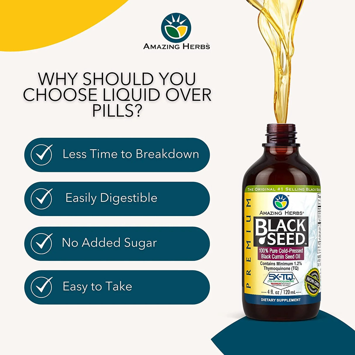 Bottle of Amazing Herbs Black Seed supplement with text highlighting benefits on a white background