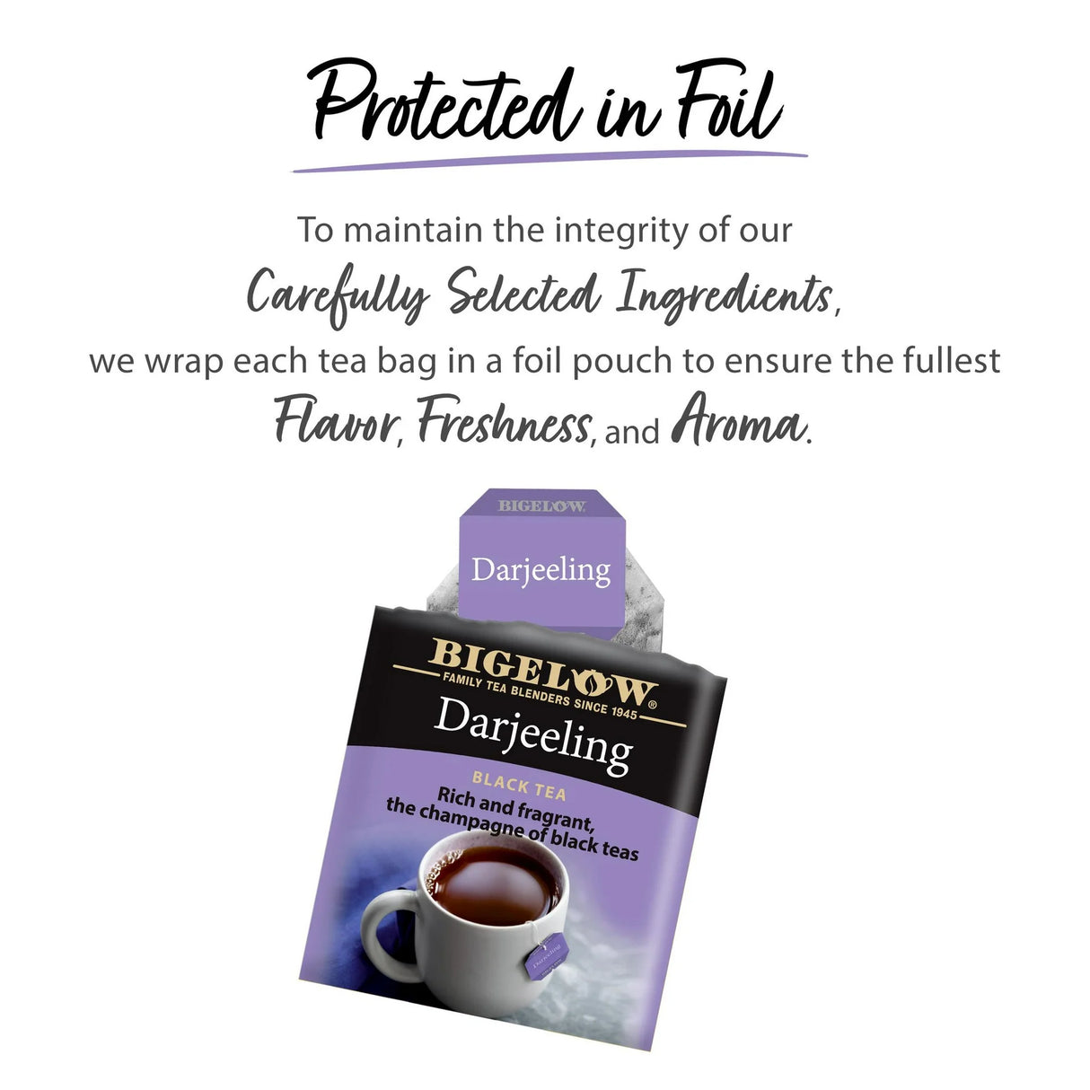 Bigelow Darjeeling tea package with text about tea packaging on a white background