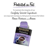 Bigelow Darjeeling tea package with text about tea packaging on a white background