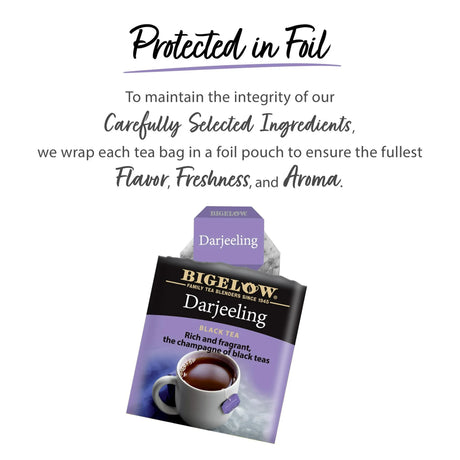 Bigelow Darjeeling tea package with text about tea packaging on a white background