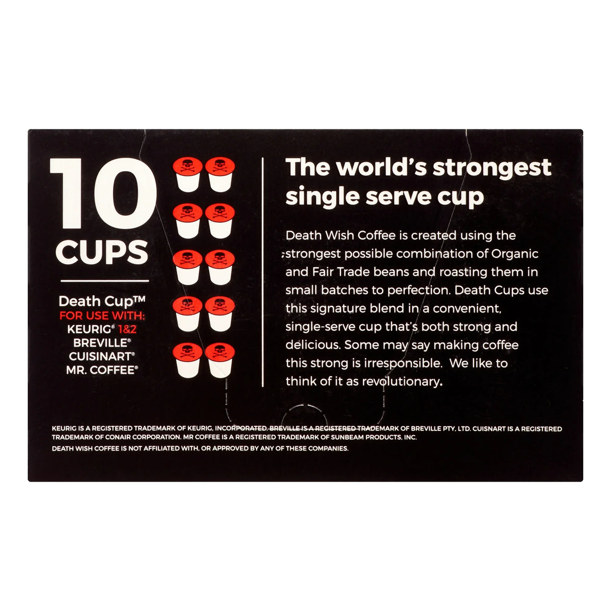 Product packaging for 'Death Cup' single serve coffee cups with text on a black background.