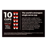 Product packaging for 'Death Cup' single serve coffee cups with text on a black background.