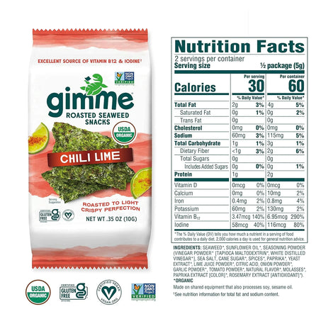 Gimme Roasted Seaweed Snacks Chili Lime flavor packaging with nutrition facts label.