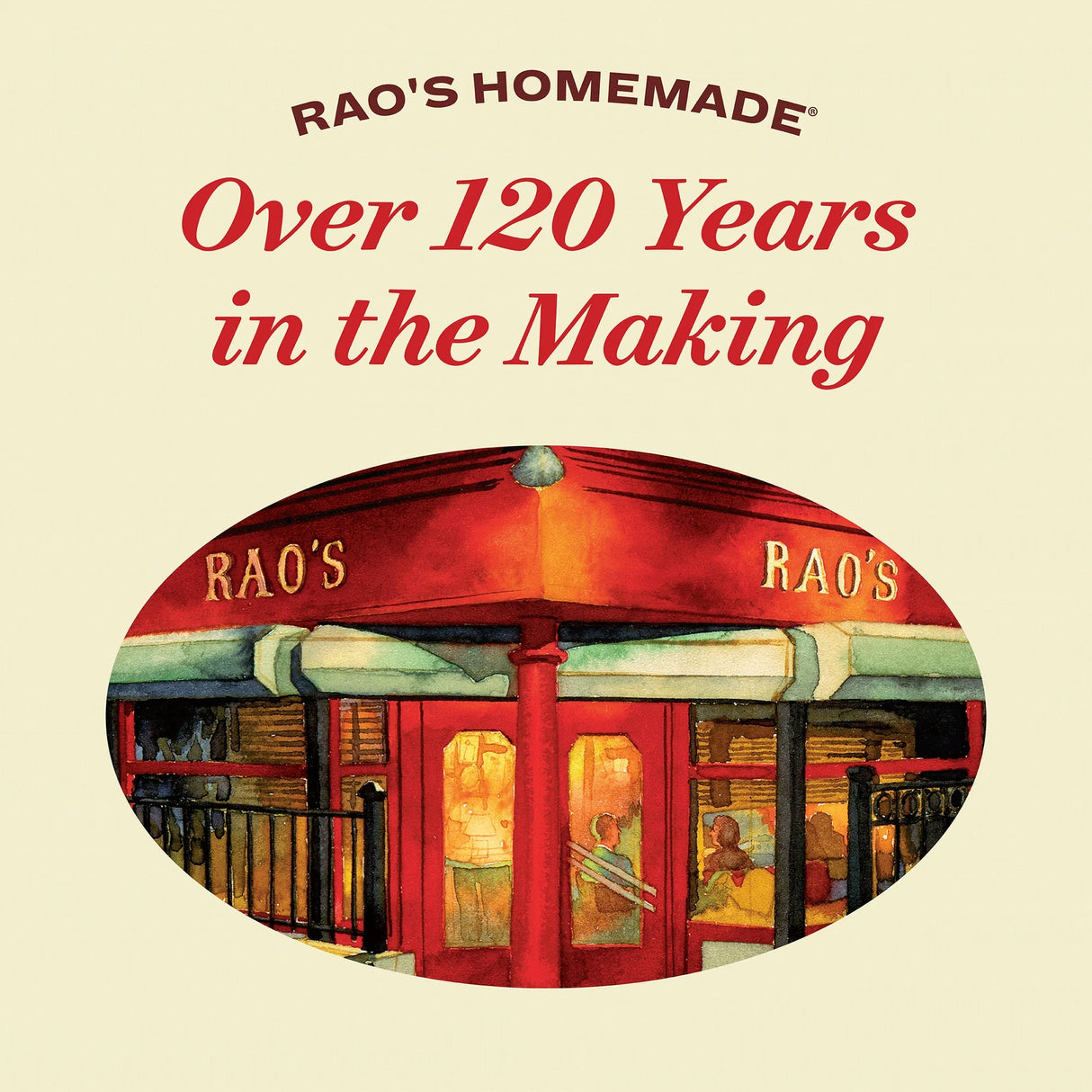 Advertisement for Rao's with a red awning and text on a beige background