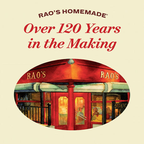 Advertisement for Rao's with a red awning and text on a beige background