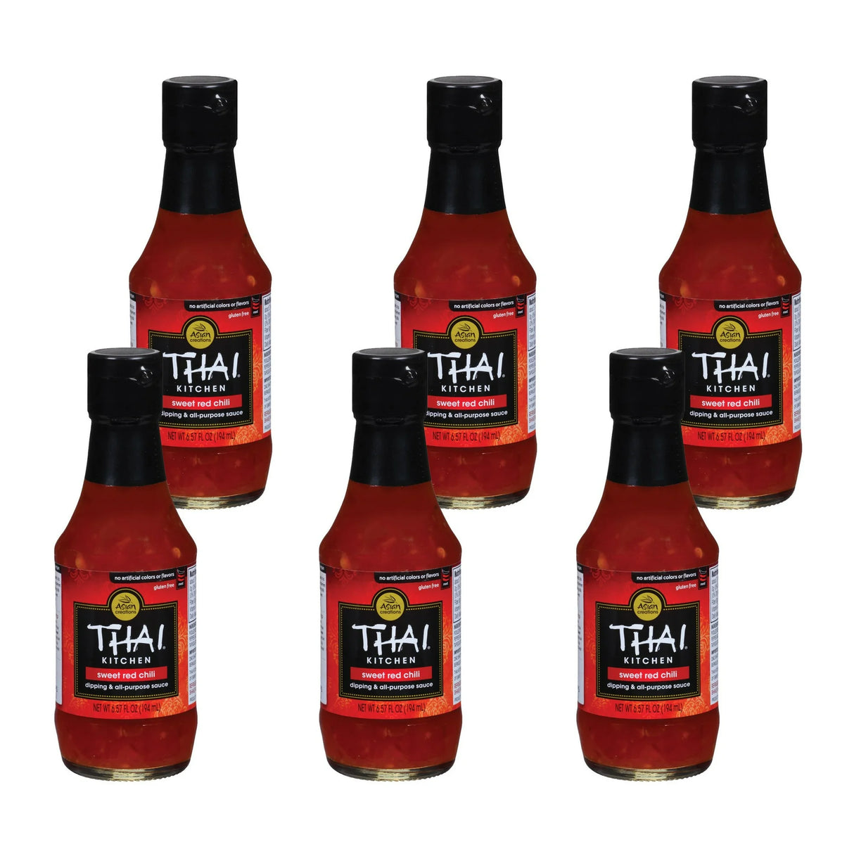 Six bottles of Thai Kitchen sauce on a white background