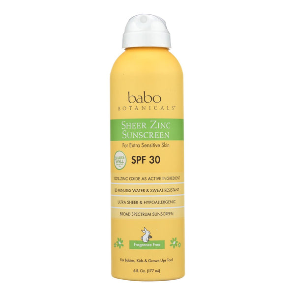 Babo Botanicals Sheer Zinc Sunscreen spray bottle on a white background