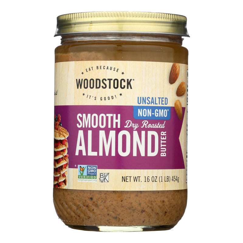 Woodstock Unsalted Non-GMO Smooth Peanut-Free Dry Roasted Almond Butter, Case of 12 - 16 oz - Cozy Farm 
