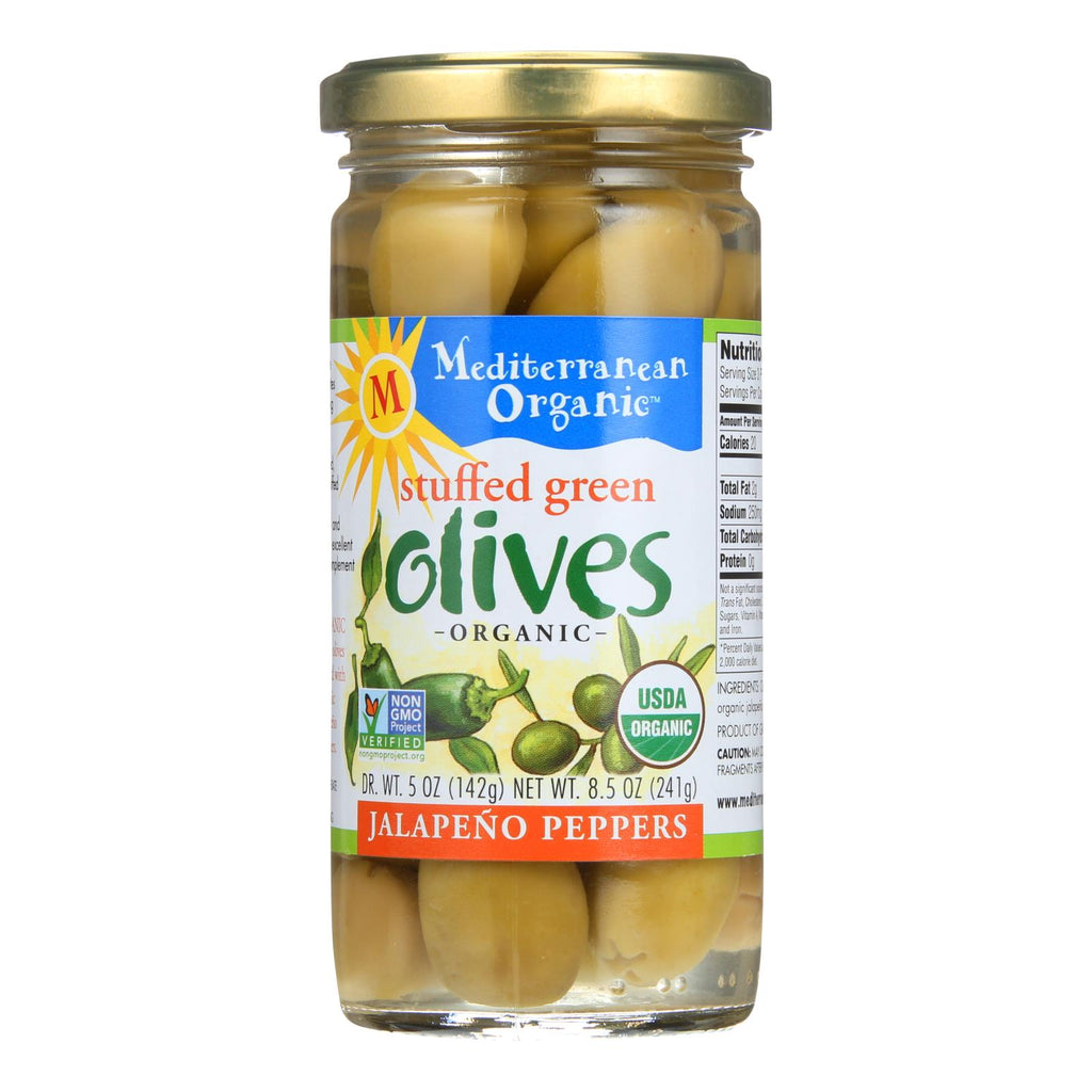 Mediterranean Organic Stuffed Green Olives Jalapeno Peppers, 8.5 Oz - Case of 12 - Cozy Farm 