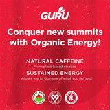 Guru energy drink mix packaging with text on a red background