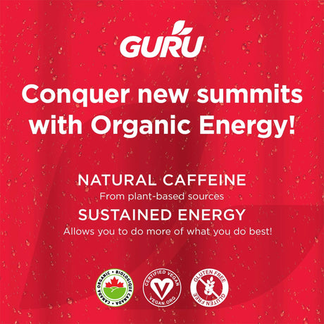Guru energy drink mix packaging with text on a red background