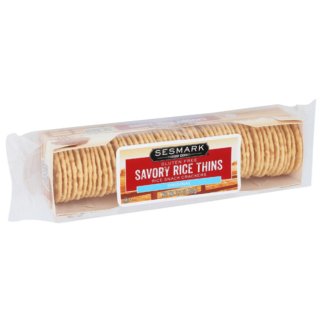 Packaged rice crackers with Sesmark branding on a white background