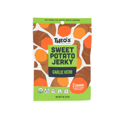 Theo's Plant-based Sweet Potato Jerky, Organic Garlic Herb, 2 oz (Pack of 6) - Vegan Snack Food