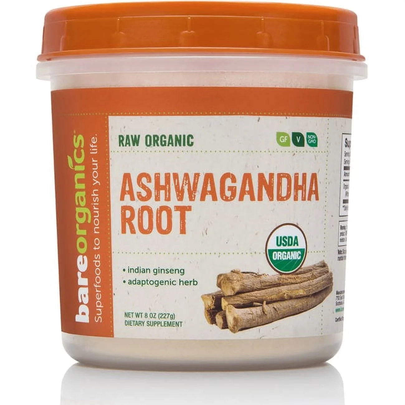 Polvo de raíz de ashwagandha orgánica de Bare Organics, 8 oz