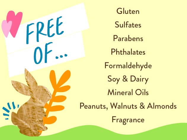 Product label with 'Free Of' text and allergen information on a yellow background with a bunny and leaf illustration.
