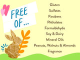 Product label with 'Free Of' text and allergen information on a yellow background with a bunny and leaf illustration.