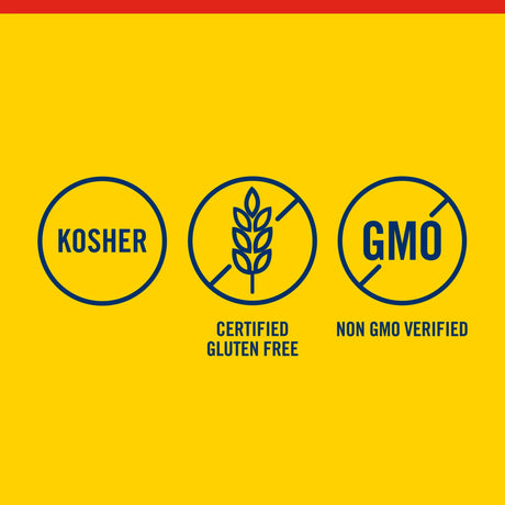 Three certification logos on a yellow background: Kosher, Certified Gluten Free, and Non-GMO Verified.