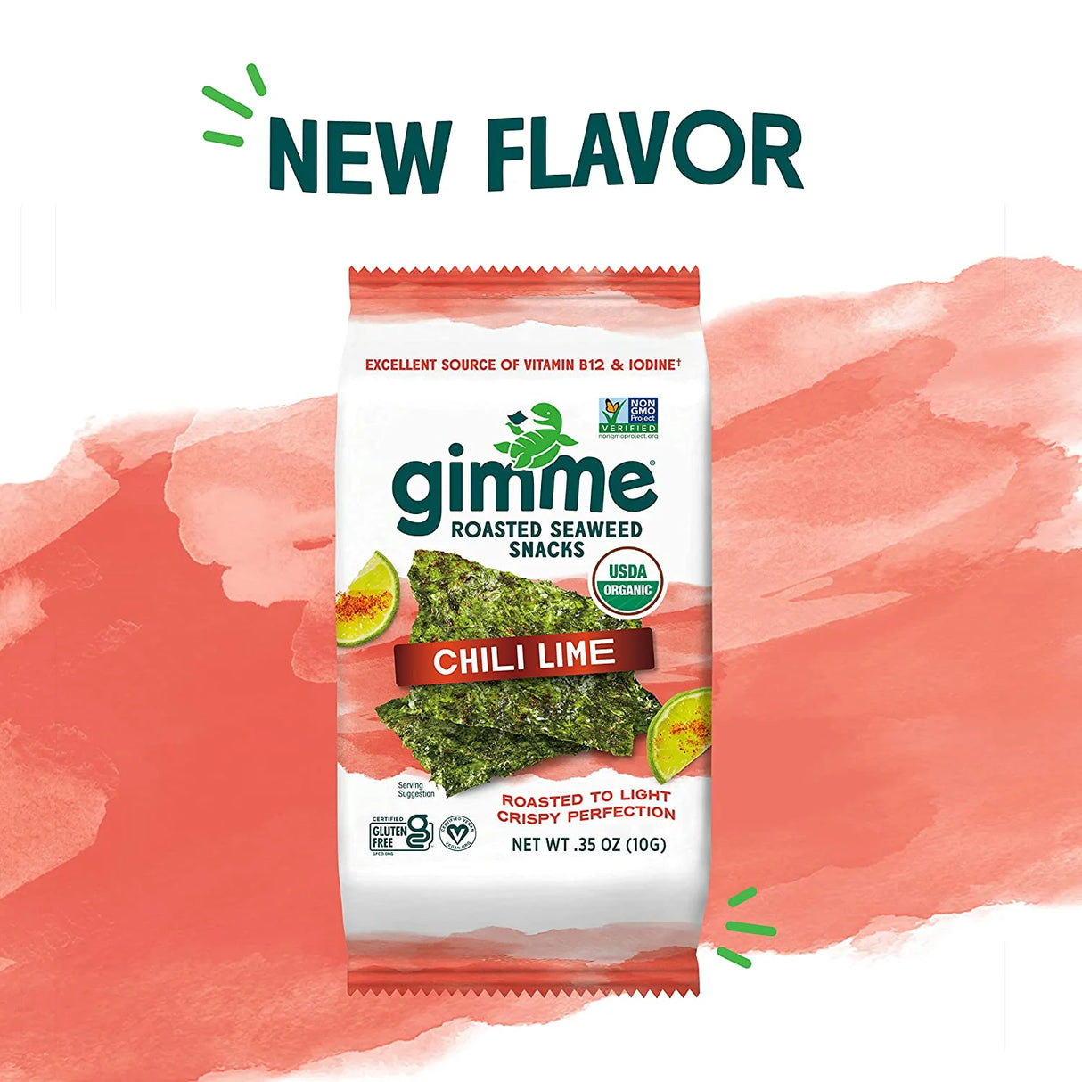Gimme Roasted Seaweed Snacks Chili Lime flavor packaging on a pink and white background