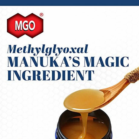MGO logo with text 'Methylglyoxal Manuka's Magic Ingredient' and a wooden spoon with honey.