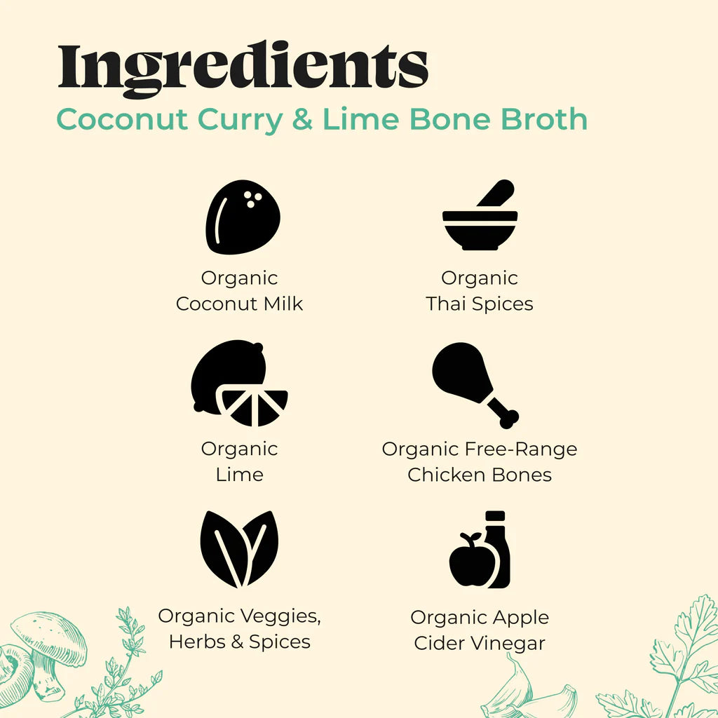 Ingredients list for Coconut Curry & Lime Bone Broth with icons and text on a beige background.