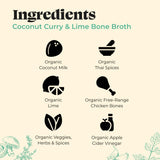 Ingredients list for Coconut Curry & Lime Bone Broth with icons and text on a beige background.