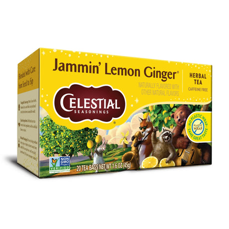 Celestial Seasonings Jammin' Lemon Ginger tea box on a white background