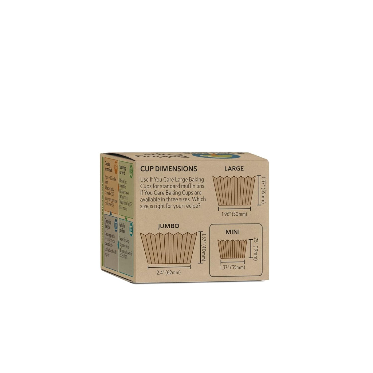 Cardboard box with baking cup dimensions on a white background