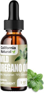 Bottle of California Natural Wild Oregano Oil with a dropper on a white background