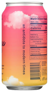 Can with pink and orange gradient label featuring text and nutrition facts.