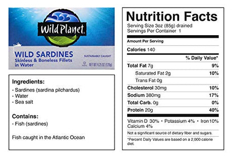 Wild Planet Wild Sardines - Skinless & Boneless Fillets in Water (Case of 12) | 4.25 Oz Cans | High Protein, Omega-3s, Kosher, Sustainably Sourced Seafood