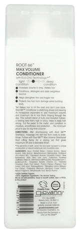 Back of a Root 66 Max Volume Conditioner packaging with text and branding.