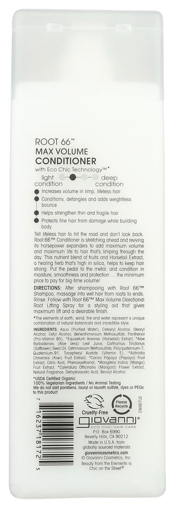 Back of a Root 66 Max Volume Conditioner packaging with text and branding.