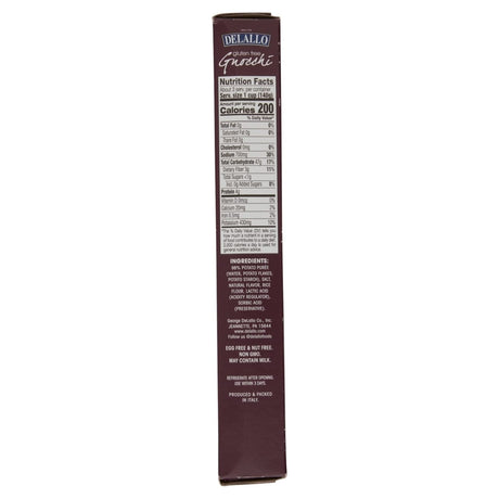 Nutrition facts and ingredient list on a DeLallo pasta box against a white background